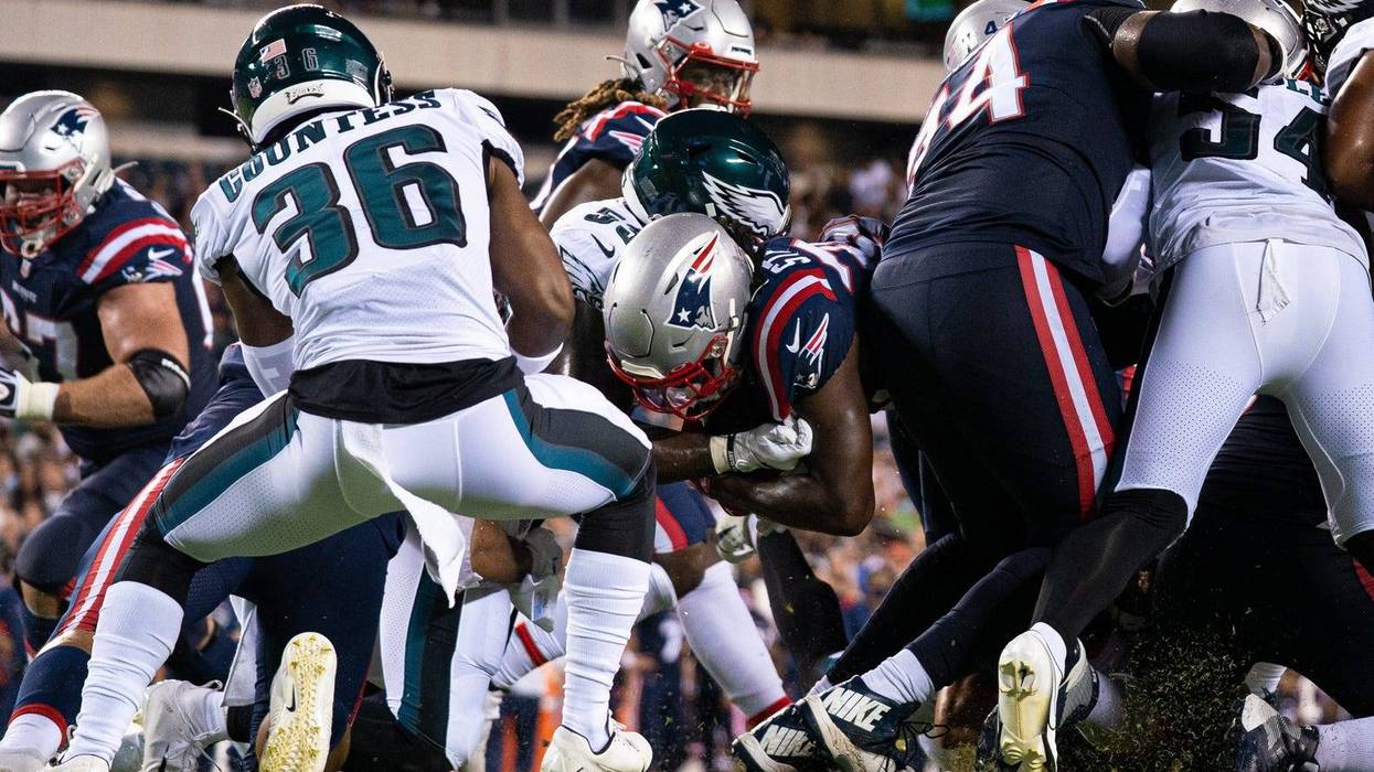 New England Patriots running back Rhamondre Stevenson scores a touchdown against the Philadelphia Eagles during the third quarter at Lincoln Financial Field.