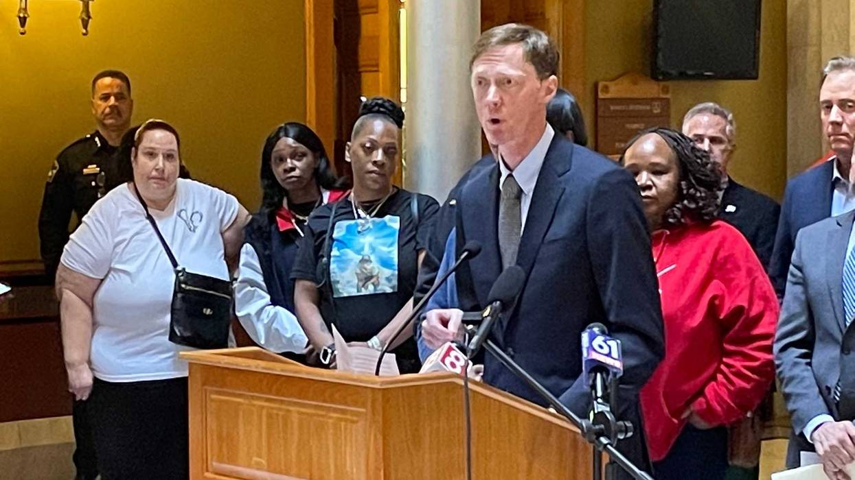 New Haven Mayor Justin Elicker with mothers who've had children killed by gun violence, at the Connecticut Capitol, 2/14/23
