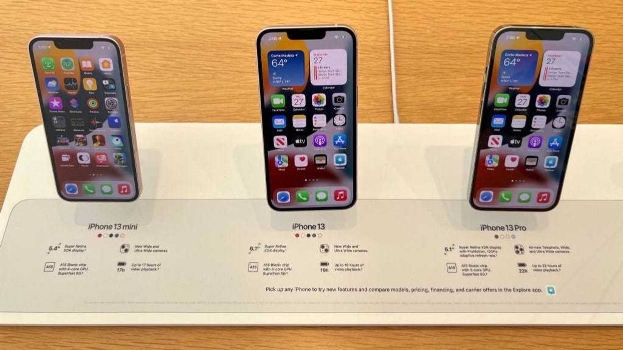 New iPhone 13s are displayed at an Apple store on January 27, 2022 in Corte Madera, California.
