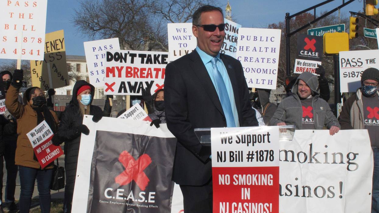New Jersey state Senator Vince Polistina with Atlantic City casino workers protesting near the state capitol in Trenton New Jersey.