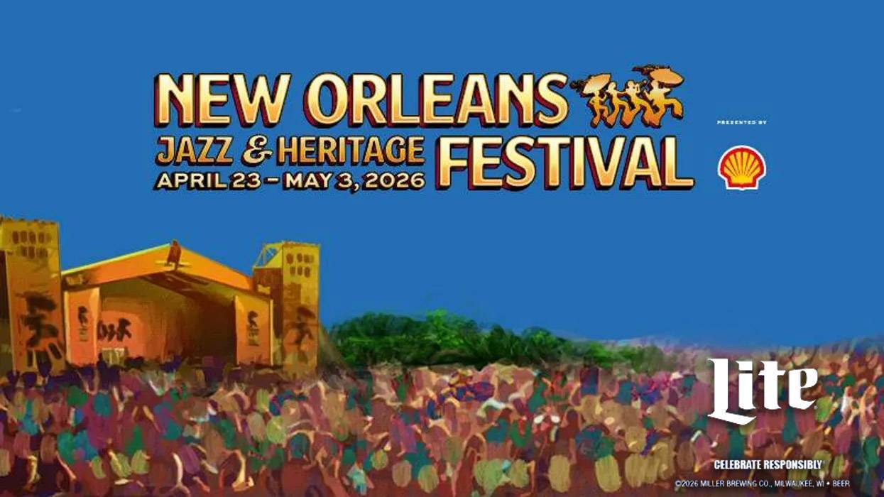New Orleans Jazz & Heritage Festival poster, April 23-May 3, 2026, with illustrated stage & crowd.