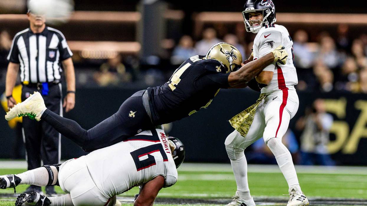 New Orleans Saints defensive end Cameron Jordan (94) sacks Atlanta Falcons quarterback Kirk Cousins (18)