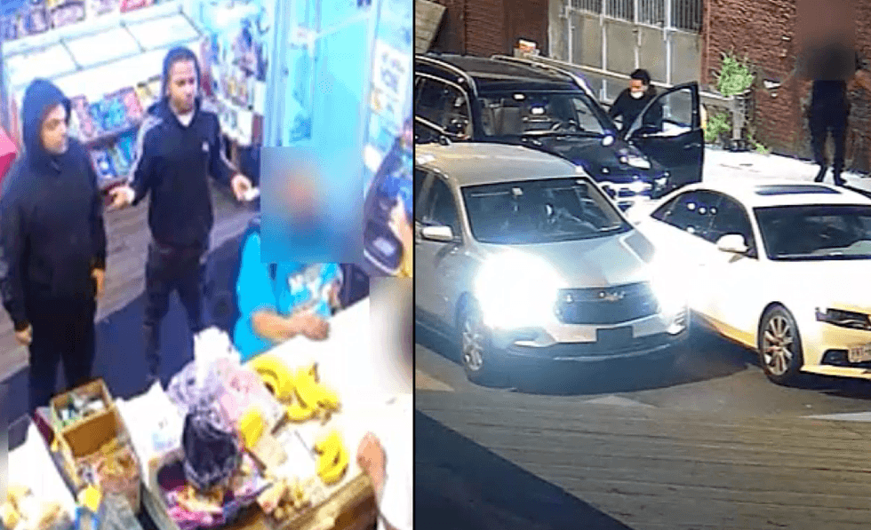 New video released Thursday shows suspects wanted in the Inwood robberies, including the robbery of a man whose Mercedes SUV was stolen at gunpoint (right). The thefts may be linked to a robbery spree in the Bronx and Queens that left an off-duty NYPD officer in a coma.