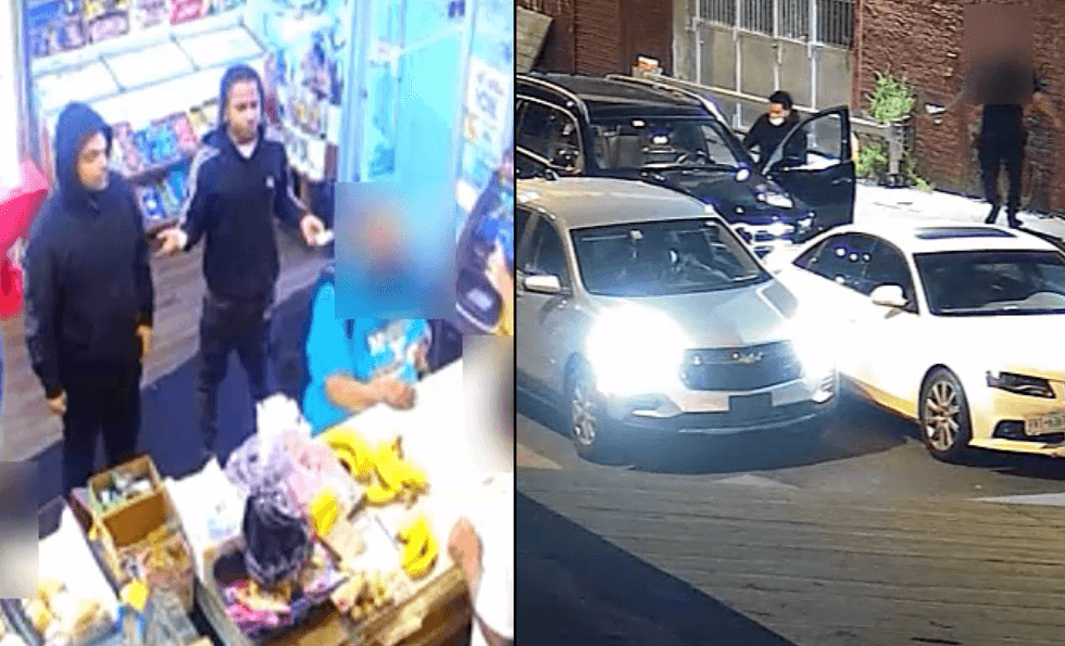 New video released Thursday shows suspects wanted in the Inwood robberies, including the robbery of a man whose Mercedes SUV was stolen at gunpoint (right). The thefts may be linked to a robbery spree in the Bronx and Queens that left an off-duty NYPD officer in a coma
