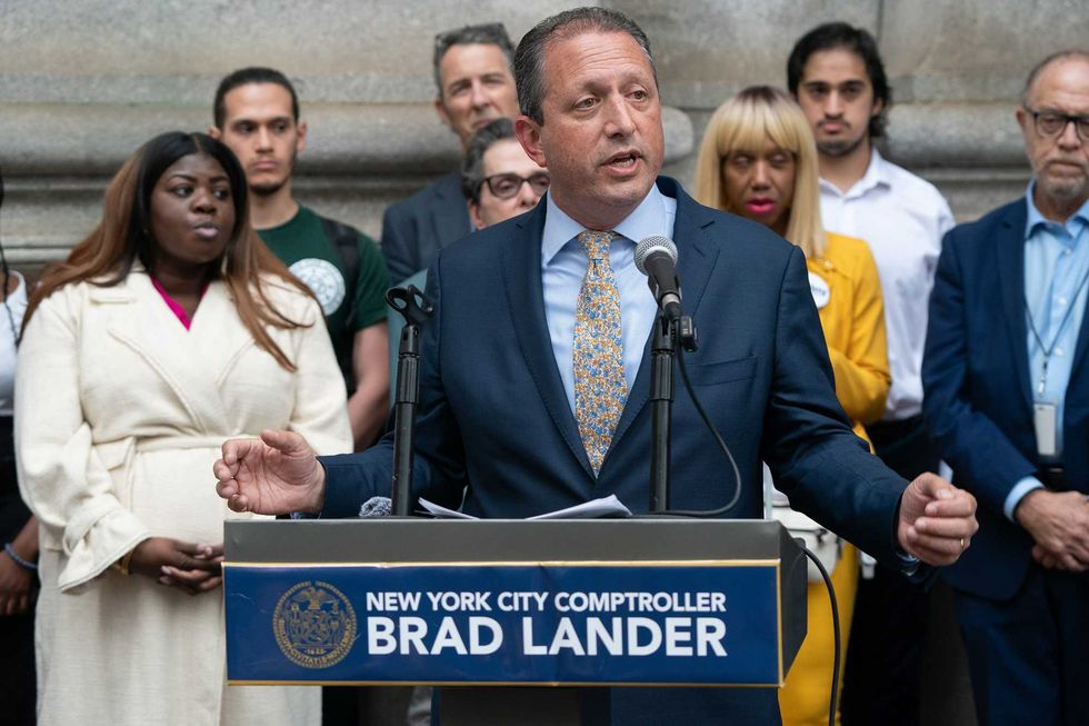 New York City Comptroller Brad Lander speaks at a news conference related to New York Gov. Hochul