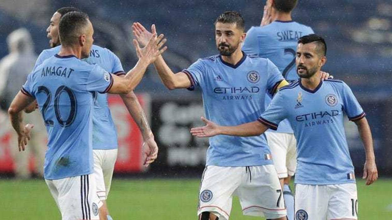 New York City forward David Villa (7) celebrates his goal with teammates during the second half against D.C. United on Sept. 8, 2018, at Yankee Stadium.