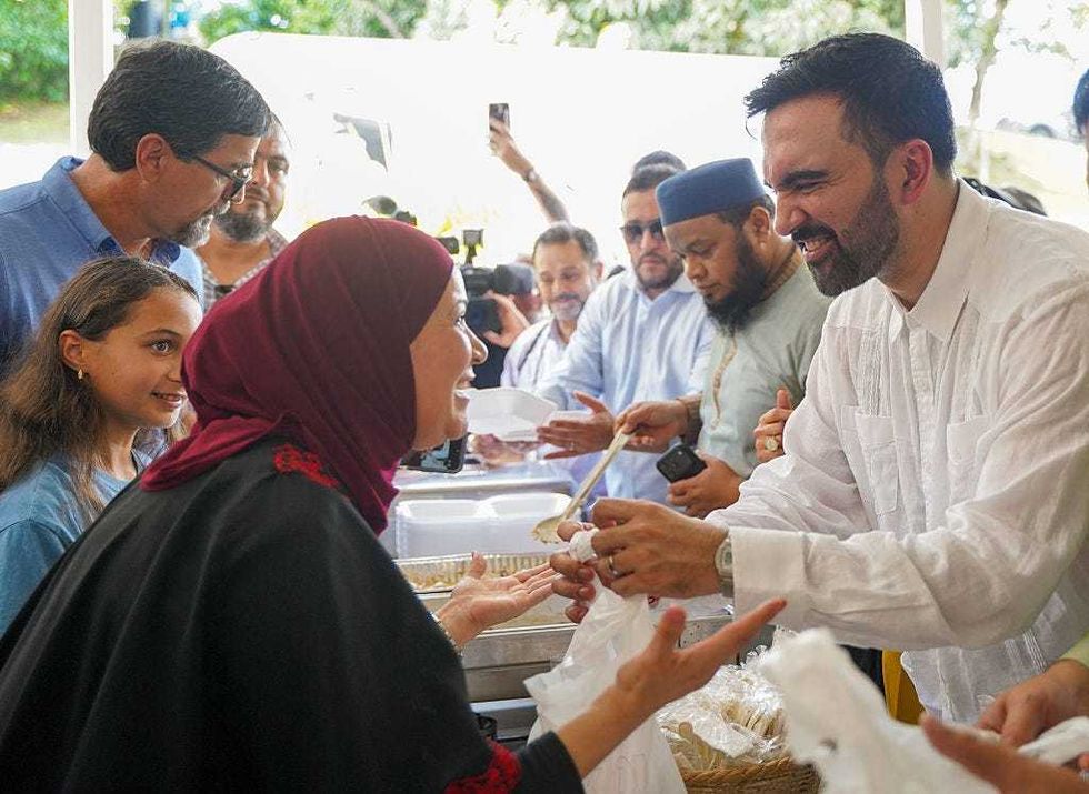 New York City Mayor elect Zohran Mamdani helps handing out lunch after he joined members of the Centro Islamico del Caribe -Masjid Ebadur Rahman mosque in prayer. on November 7, 2025 in San Juan, Puerto Rico.