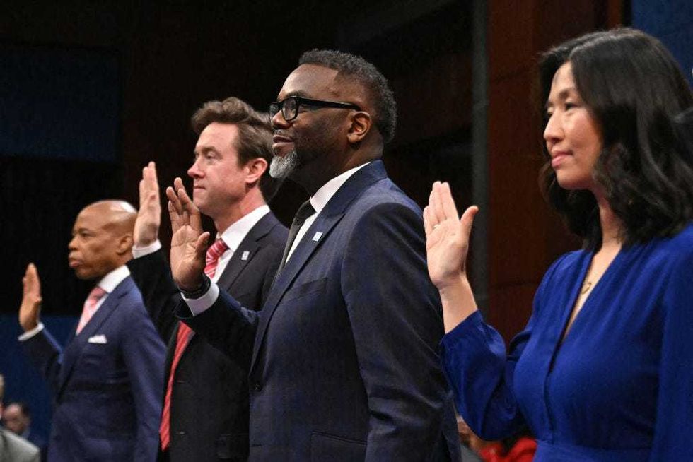 New York City Mayor Eric Adams, Denver Mayor Michael Johnston, Chicago Mayor Brandon Johnson and Boston Mayor Michelle Wu are sworn in during a House Committee on Oversight and Government Reform hearing titled "A Hearing with Sanctuary City Mayors," on Capitol Hill in Washington, DC, on March 5, 2025.