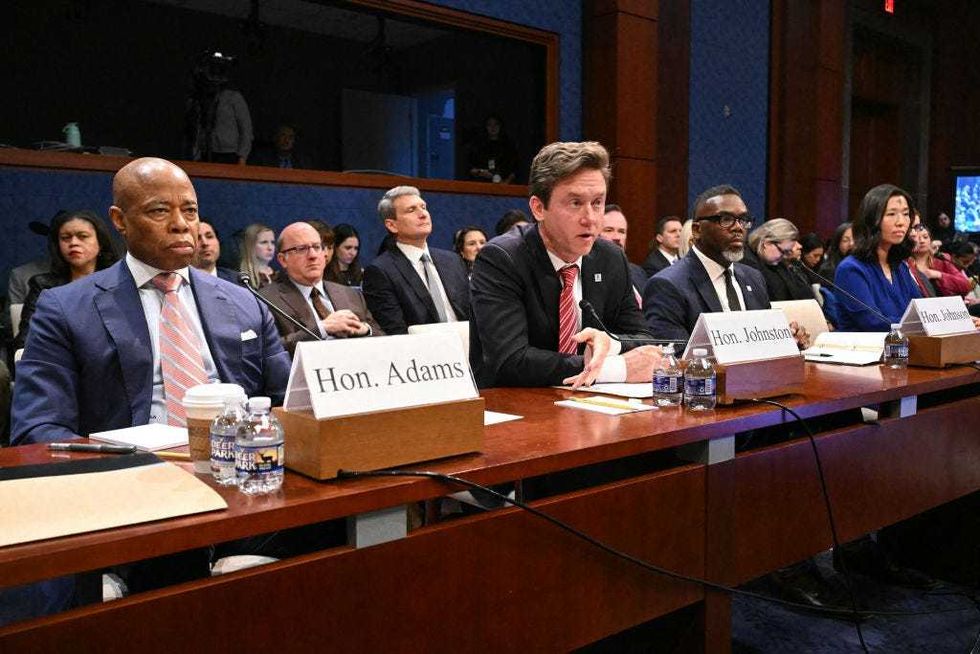 New York City Mayor Eric Adams, Denver Mayor Michael Johnston, Chicago Mayor Brandon Johnson, and Boston Mayor Michelle Wu testify during a House Committee on Oversight and Government Reform hearing titled "A Hearing with Sanctuary City Mayors," on Capitol Hill in Washington, DC, on March 5, 2025.