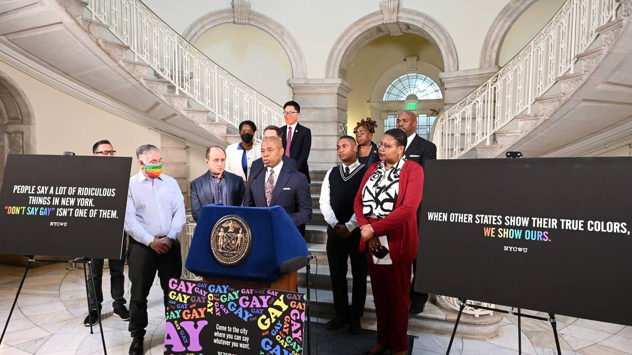 New York City Mayor Eric Adams, Elisa Crespo, executive director, NEW Pride Agenda and Kevin Jennings, CEO, Lambda Legal; and founder, Gay, Lesbian and Straight Education Network announce the launch of digital billboards and creative ads supporting LGBTQ+ community on April 04, 2022 in New York City. Mayor Adams and New York City officials on Monday expressed their support for LGBTQ+ individuals in Florida after the state’s “Don’t Say Gay” bill was signed into law. Mayor Adams has been recently criticized for appointing three men to New York City's Panel for Educational Policy that have previously expressed anti-gay views.