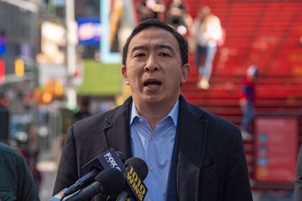 New York City mayoral candidate Andrew Yang delivers remarks about a shooting that occurred the previous evening in Times Square on Sunday