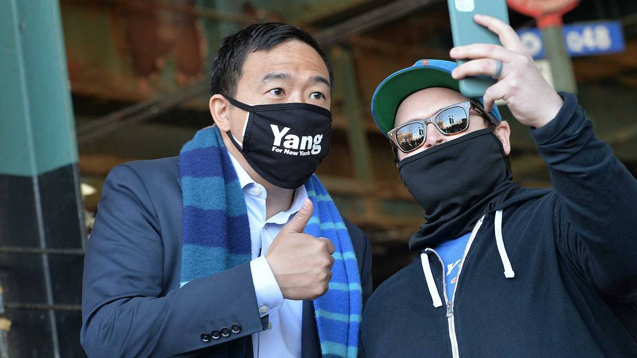 New York City Mayoral candidate Andrew Yang meets with Mets fans on home opening game of the New York Mets against the Miami Marlins, at Citi Field in the Queens borough of New York City, NY, April 8, 2021
