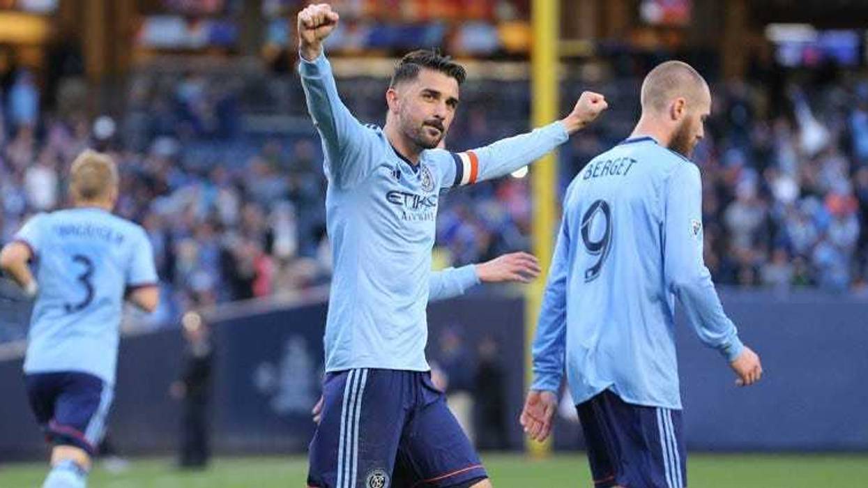 New York City midfielder Maximiliano Moralez controls the ball against the LA Galaxy's Perry Kitchen on March 11, 2018, at Yankee Stadium.