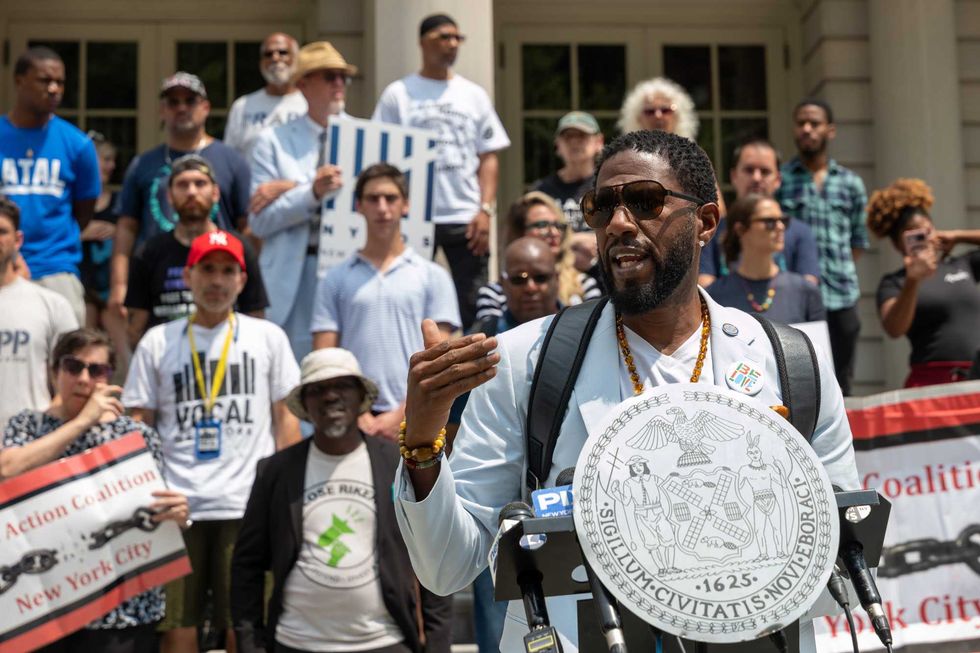 New York City Public Advocate Jumaane Williams joins activists, family members and those formally incarcerated as they participate in a rally and news conference outside of City Hall to denounce Mayor Eric Adams