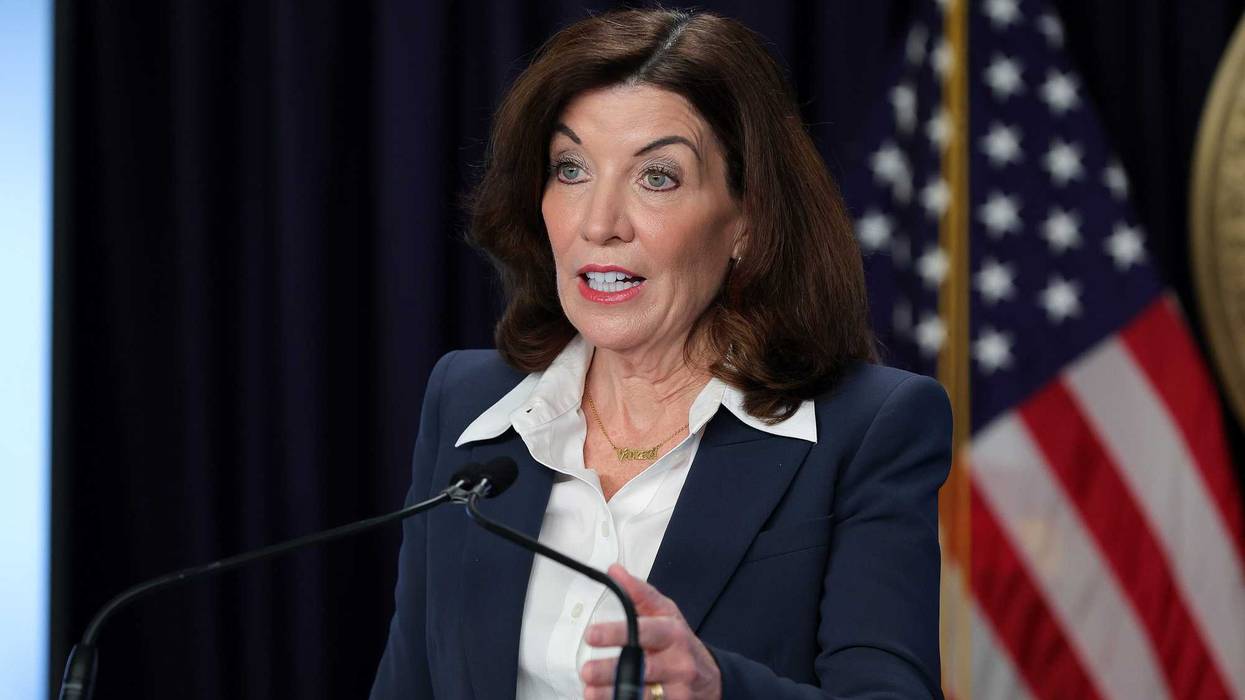 New York Governor Kathy Hochul speaks during a Covid-19 press conference on February 09, 2022 in New York City. Governor Hochul announced the end of the New York state indoor mask mandate, effective tomorrow February 10th. Masks will still be require at schools, nursing homes, hospitals, bus and train stations. The mask mandate for schools will be evaluated upon return from winter break.