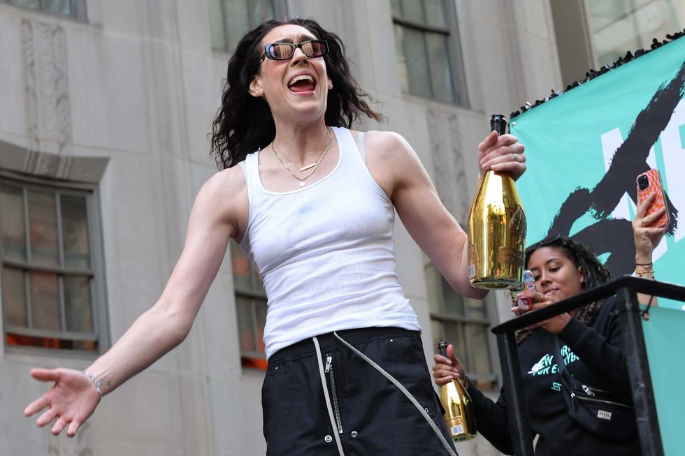 New York Liberty Forward Breanna Stewart celebrates the team winning the WNBA championship during their parade on October 24, 2024