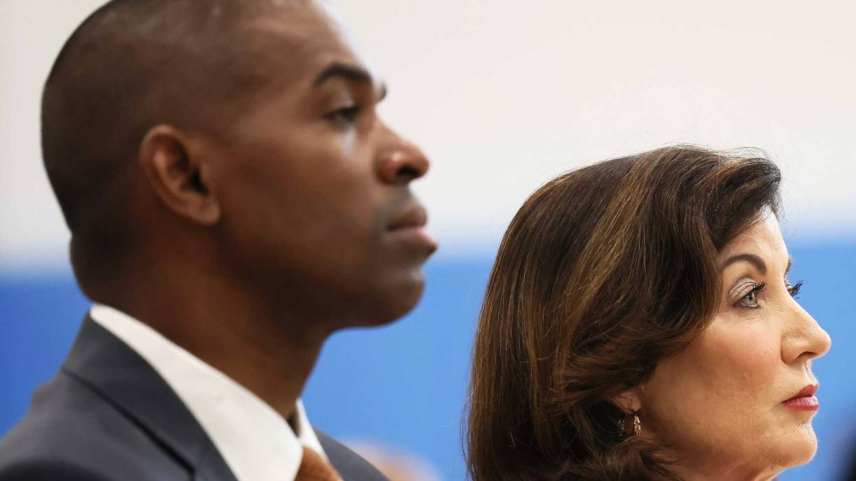 New York Lt. Governor Antonio Delgado and Gov. Kathy Hochul listen as New York State Assembly Speaker Carl Heastie speaks during a bill signing ceremony at the Northeast Bronx YMCA on June 6, 2022 in New York City.