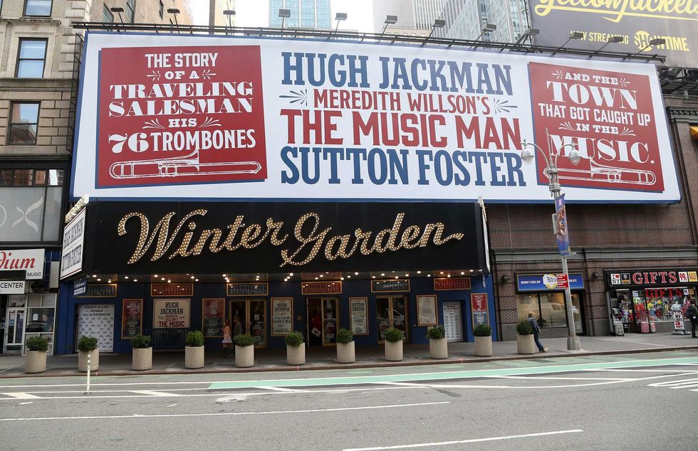 NEW YORK, NEW YORK - DECEMBER 16: Signage at "The Music Man" on Broadway at The Winter Garden Theater on December 16, 2021 in New York City. Starring Hugh Jackman and Sutton Foster, "The Music Man" begins preview performances on Monday December 20 at 8:00 p.m (Photo by Bruce Glikas/Getty Images)