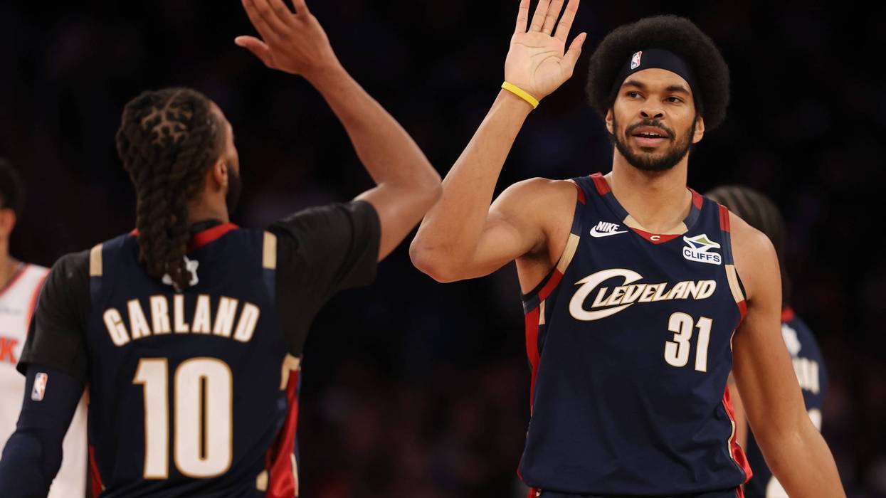 NEW YORK, NEW YORK - DECEMBER 25: Jarrett Allen #31 and Darius Garland #10 of the Cleveland Cavaliers high-five during the third quarter against the New York Knicks at Madison Square Garden on December 25, 2025 in New York City. (Photo by Pamela Smith/Getty Images)