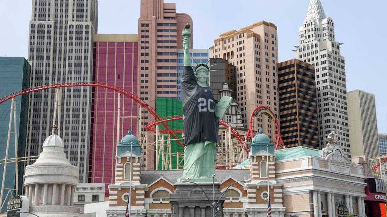 New York-New York Hotel & Casino's half-size replica of Lady Liberty wears a Las Vegas Raiders jersey to celebrate the NFL team's inaugural season on September 11, 2020 in Las Vegas, Nevada