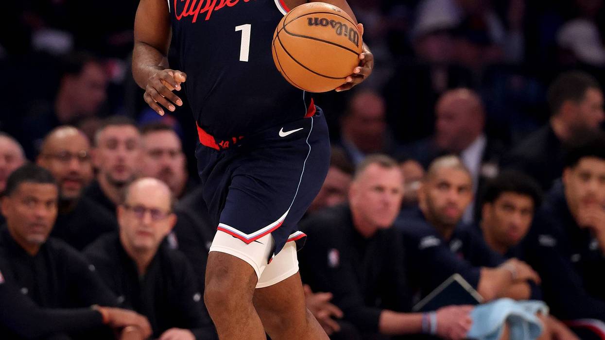 NEW YORK, NEW YORK - JANUARY 07: James Harden #1 of the Los Angeles Clippers controls the ball during the first half against the New York Knicks at Madison Square Garden on January 07, 2026 in New York City.