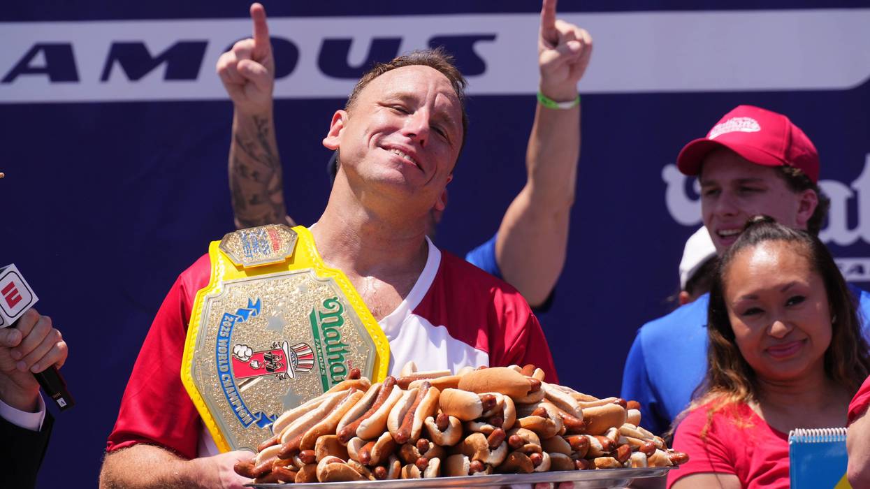 NEW YORK, NEW YORK - JULY 4: Joey Chestnut wins the men's competition at Nathan's Annual Hot Dog Eating Contest on July 4, 2025 in New York City. Joey Chestnut makes his return to the Nathan's Famous 4th of July Hot Dog Eating Contest to compete for a 17th win after missing the 2024 event due to a sponsorship dispute with Major League Eating. (Photo by Adam Gray/Getty Images)