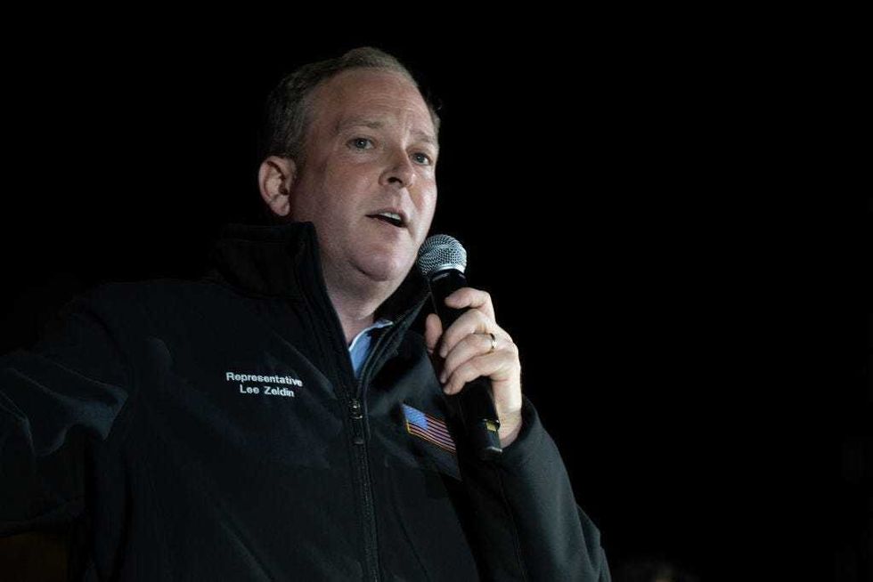 New York Republican gubernatorial hopeful, Rep. Lee Zeldin (R-NY) campaigns alongside Florida Gov. Ron DeSantis (R-FL) at a Get Out The Vote Rally on October 29, 2022 in Hauppauge, New York.