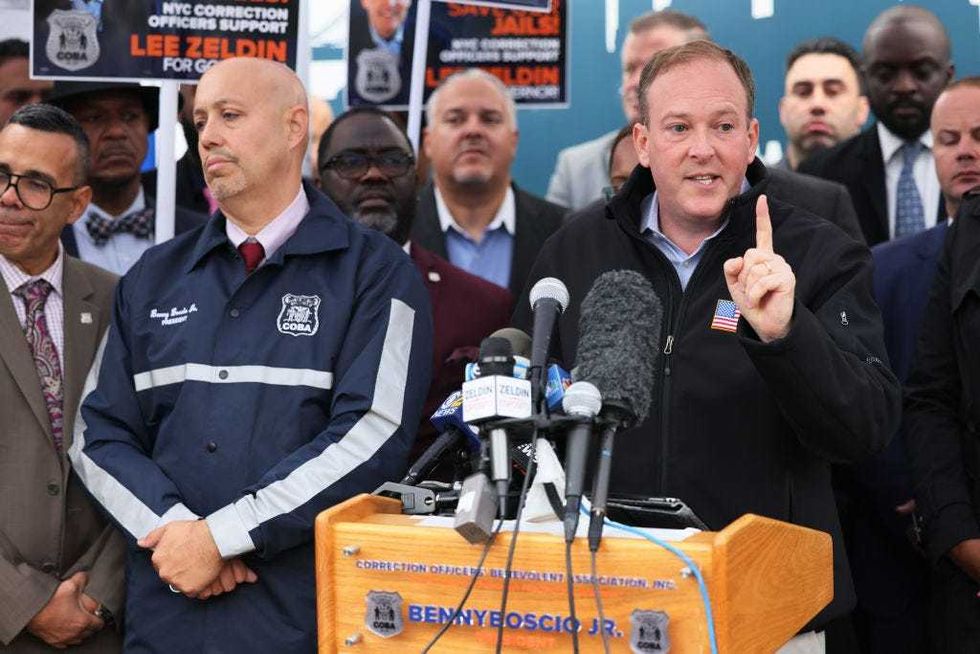 New York Republican gubernatorial nominee Rep. Lee Zeldin (R-NY) speaks during a press conference at the entrance to the Rikers Island jail on October 24, 2022 in New York City.