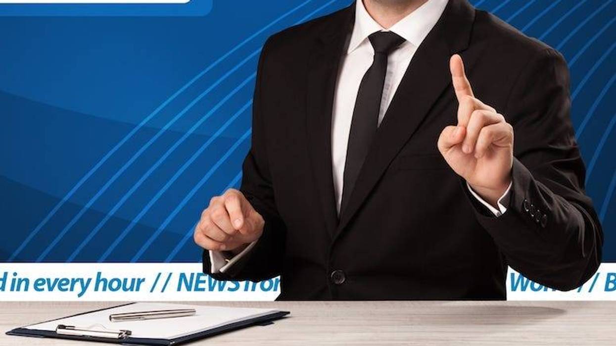 News Anchor, Broadcast, Male, Desk, Pointing