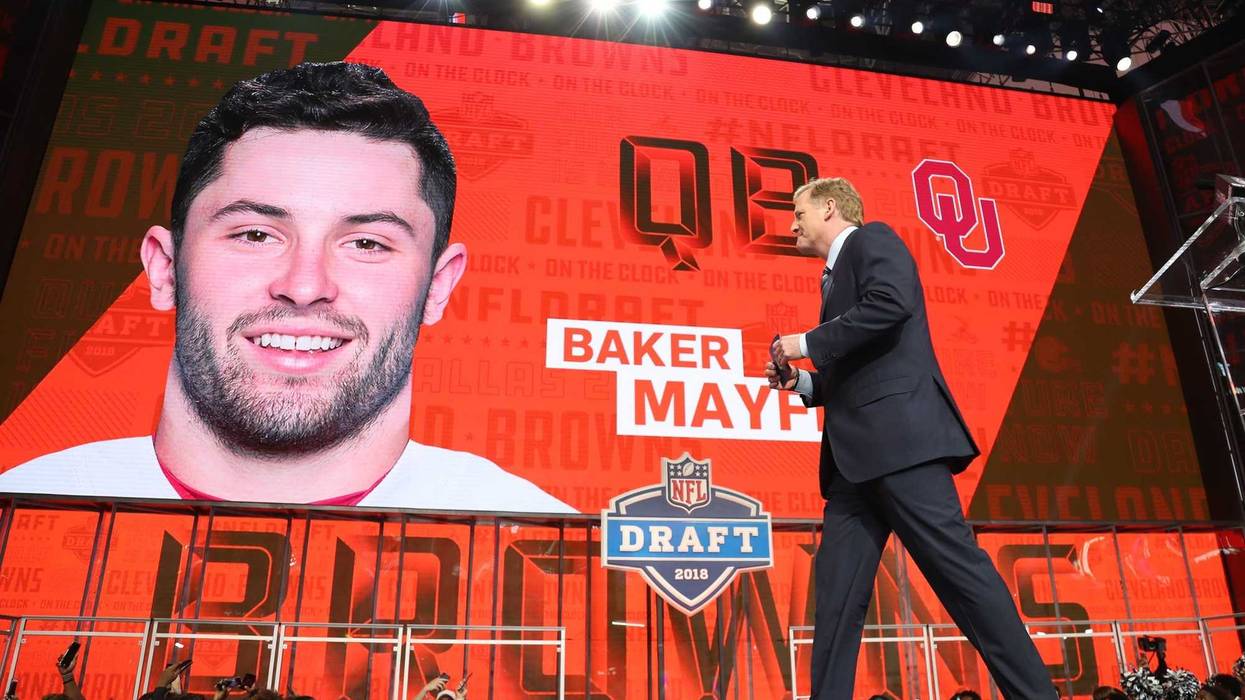NFL commissioner commissioner Roger Goodell walks off stage as Baker Mayfield is selected as the number one overall pick to the Cleveland Browns in the first round of the 2018 NFL Draft at AT&T Stadium.