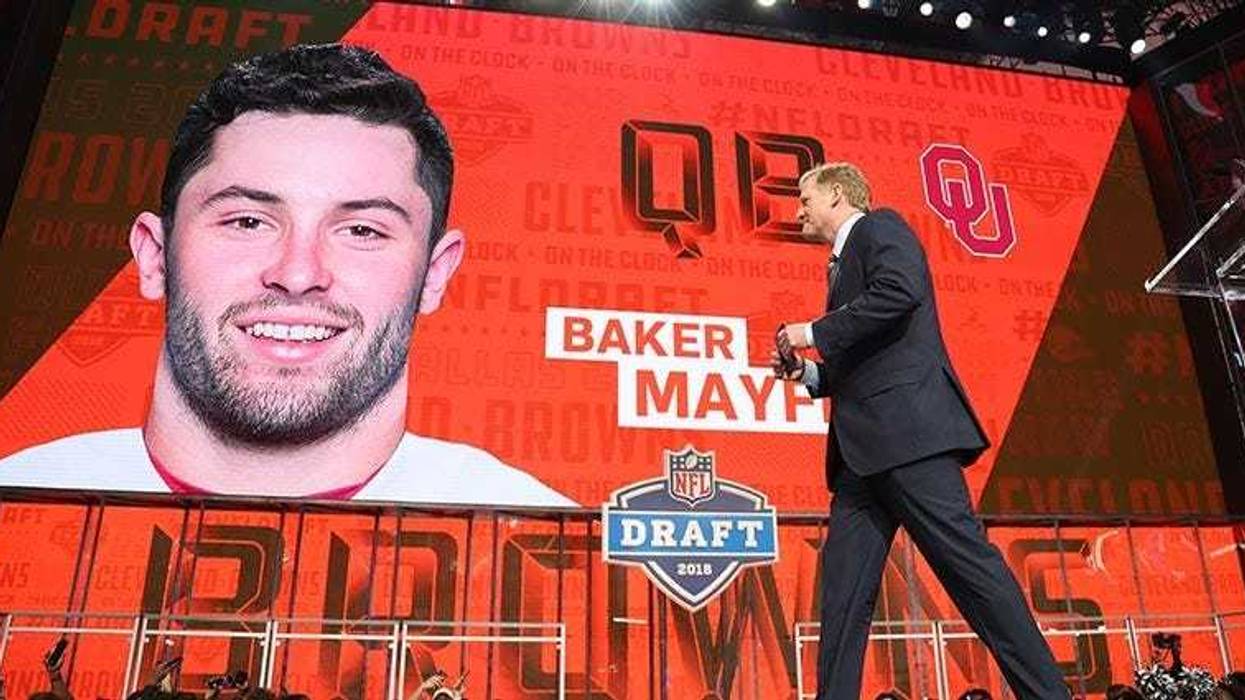 NFL commissioner commissioner Roger Goodell walks off stage as Baker Mayfield is selected