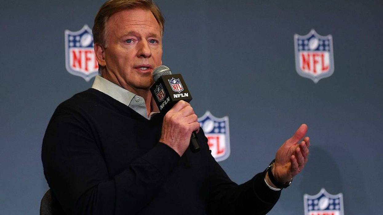 NFL commissioner Roger Goodell speaks during Super Bowl LX