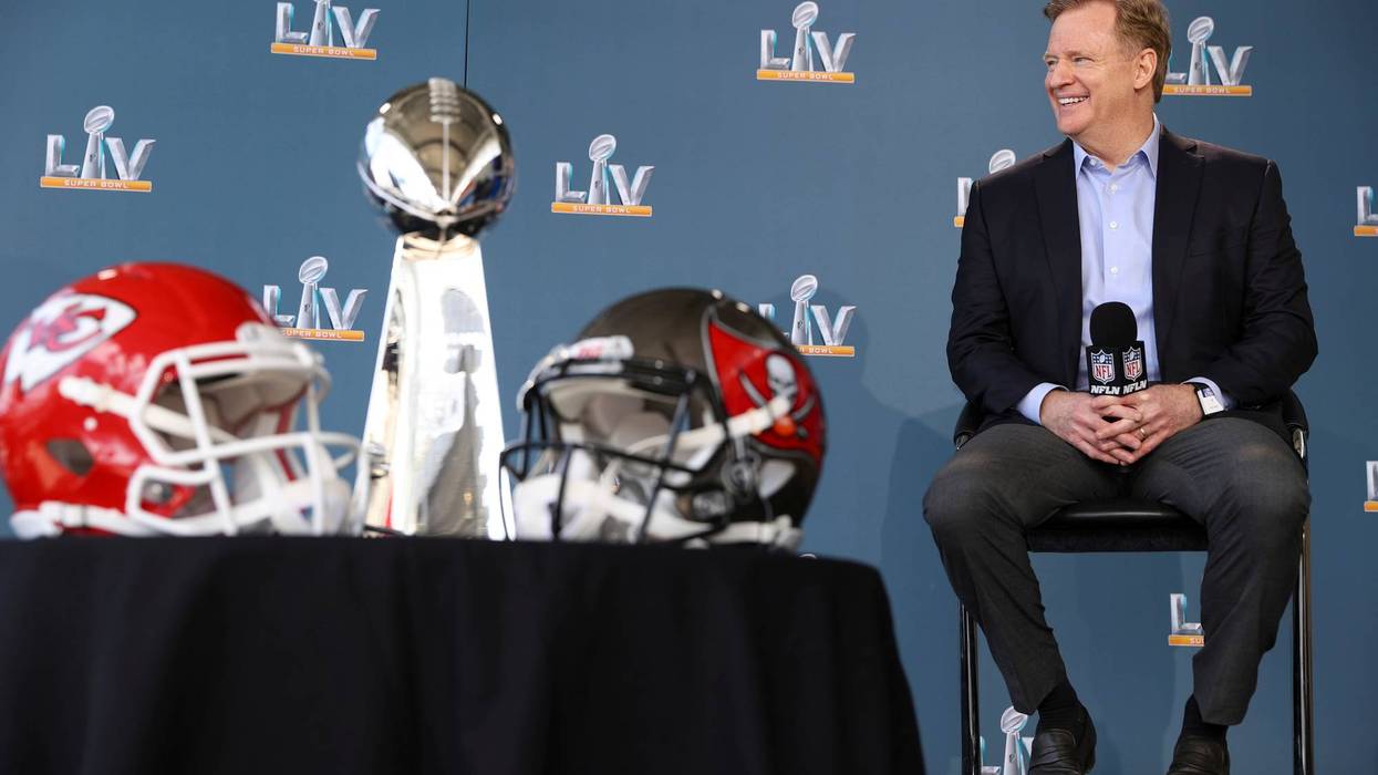 NFL football commissioner Roger Goodell speaks at a press conference ahead of Super Bowl 55, Thursday, Feb. 4, 2021, in Tampa, Fla.
