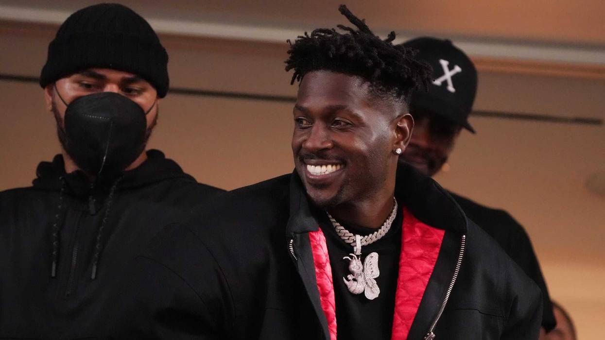 NFL free agent Antonio Brown smiles in the third quarter in Super Bowl LVI