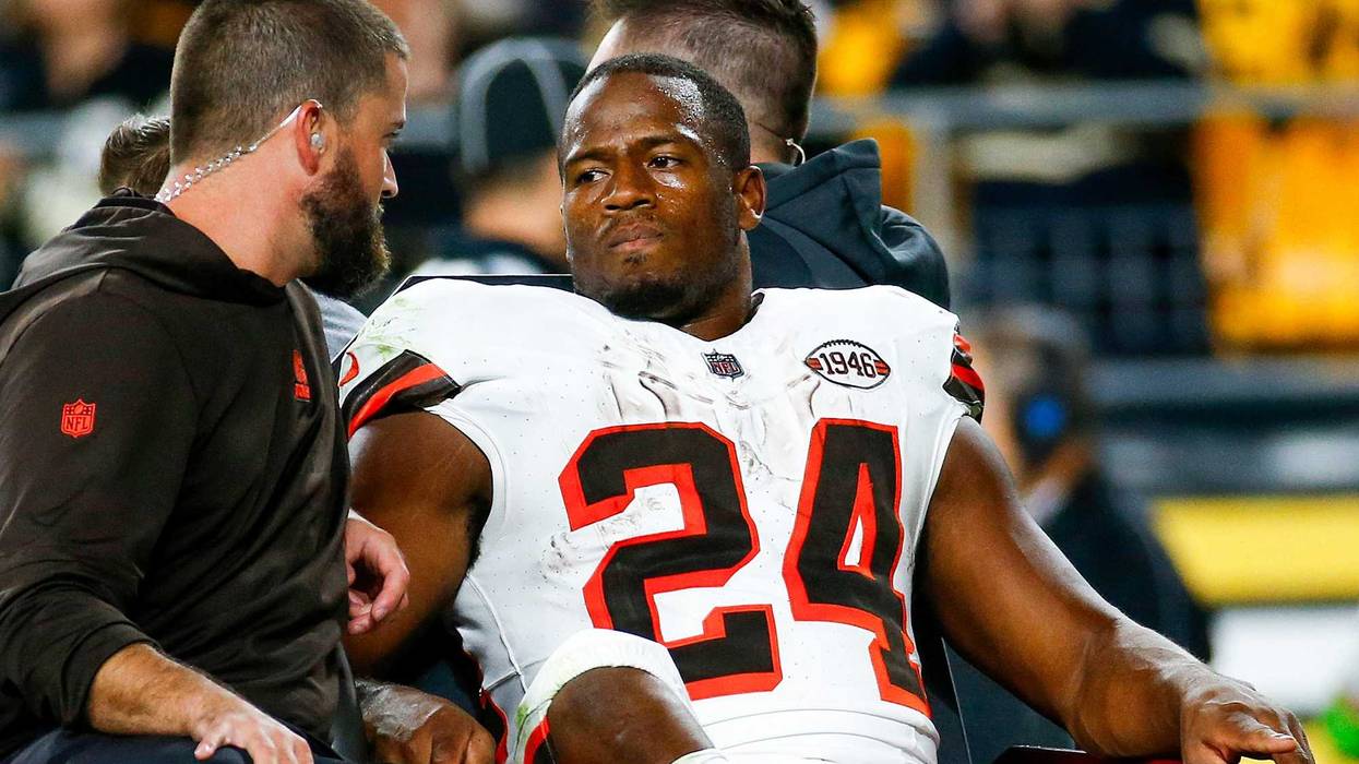 Nick Chubb #24 of the Cleveland Browns is carted off the field after sustaining a knee injury during the second quarter against the Pittsburgh Steelers at Acrisure Stadium on September 18, 2023 in Pittsburgh, Pennsylvania.