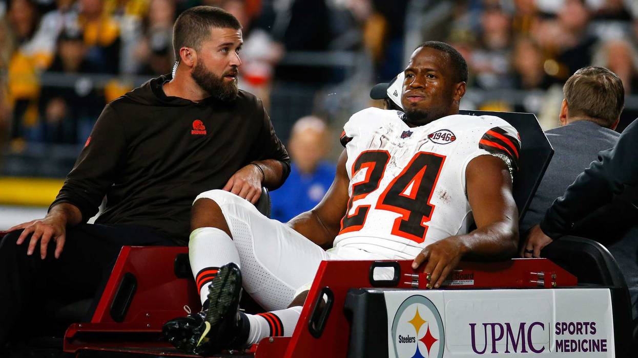 Nick Chubb #24 of the Cleveland Browns is carted off the field after sustaining a knee injury during the second quarter against the Pittsburgh Steelers at Acrisure Stadium on September 18, 2023 in Pittsburgh, Pennsylvania.