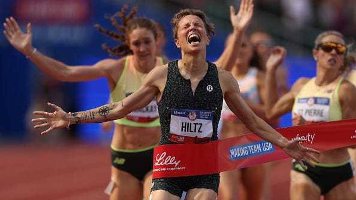 Nikki Hiltz celebrates crossing the finish line to win the women's 1500 meter final on Day Ten of the 2024 U.S. Olympic Team Track & Field Trials at Hayward Field on June 30, 2024 in Eugene, Oregon.