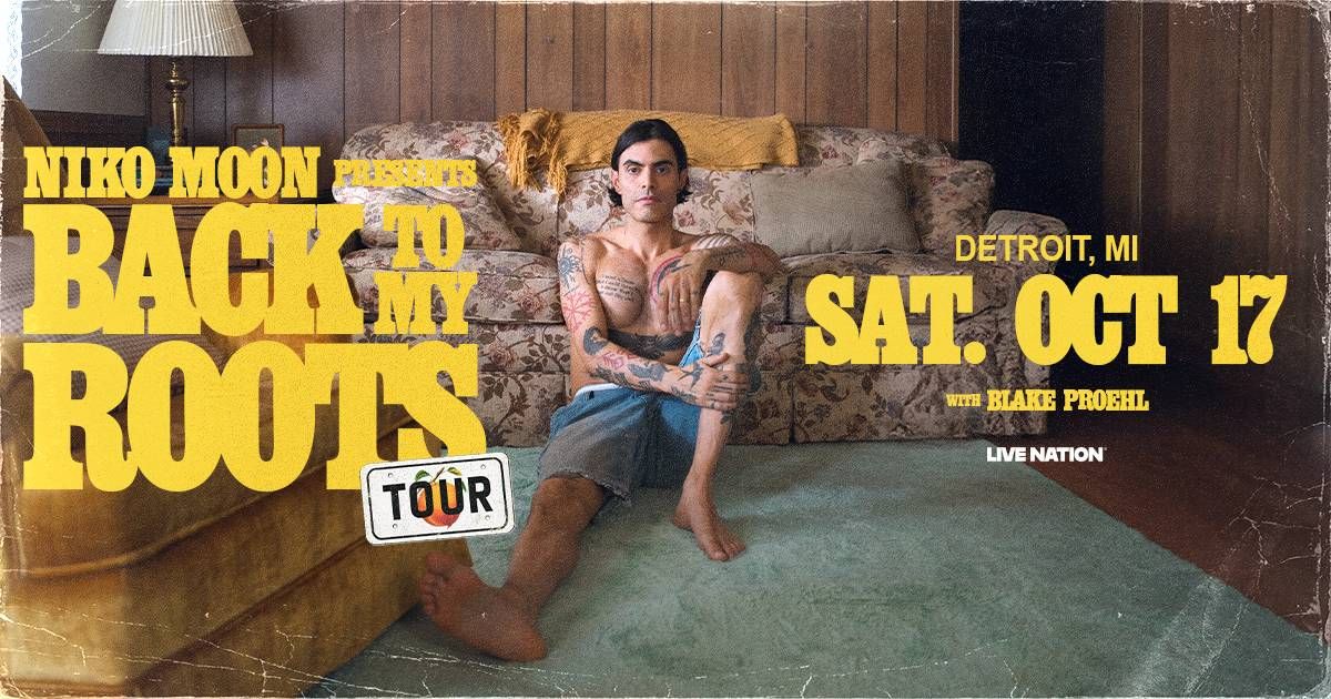 Niko Moon "Back To My Roots Tour" poster: Tattooed man in vintage room, Detroit, MI, Oct 17.