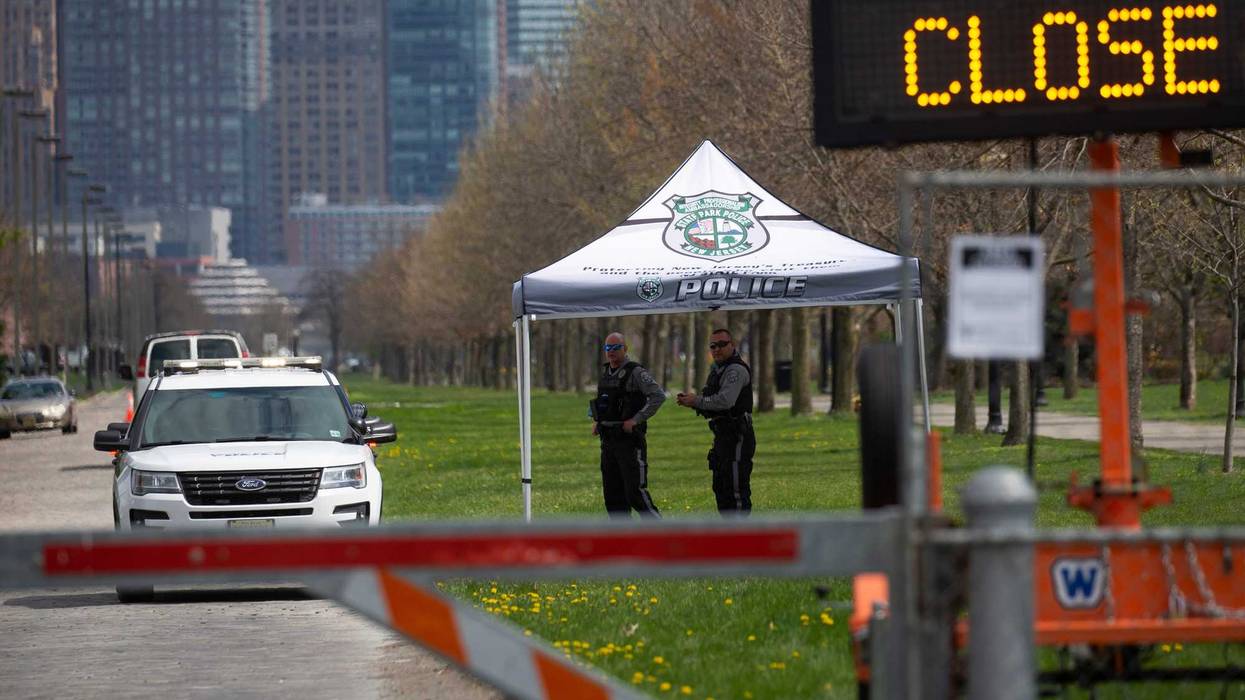 NJ Police officers at the entrance of Liberty State Park on April 8, 2020 in Jersey City, New Jersey.