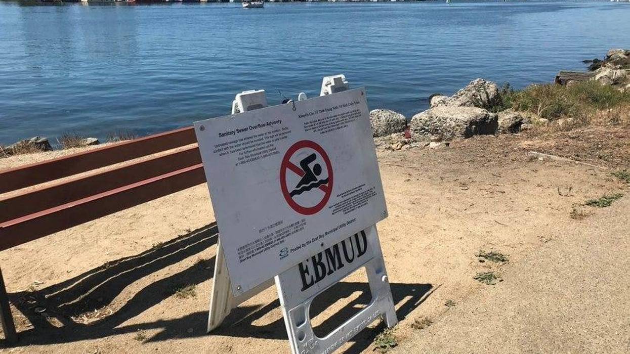 "No Swimming" signs are posted on the shoreline of the Oakland Estuary after a sewage spill.