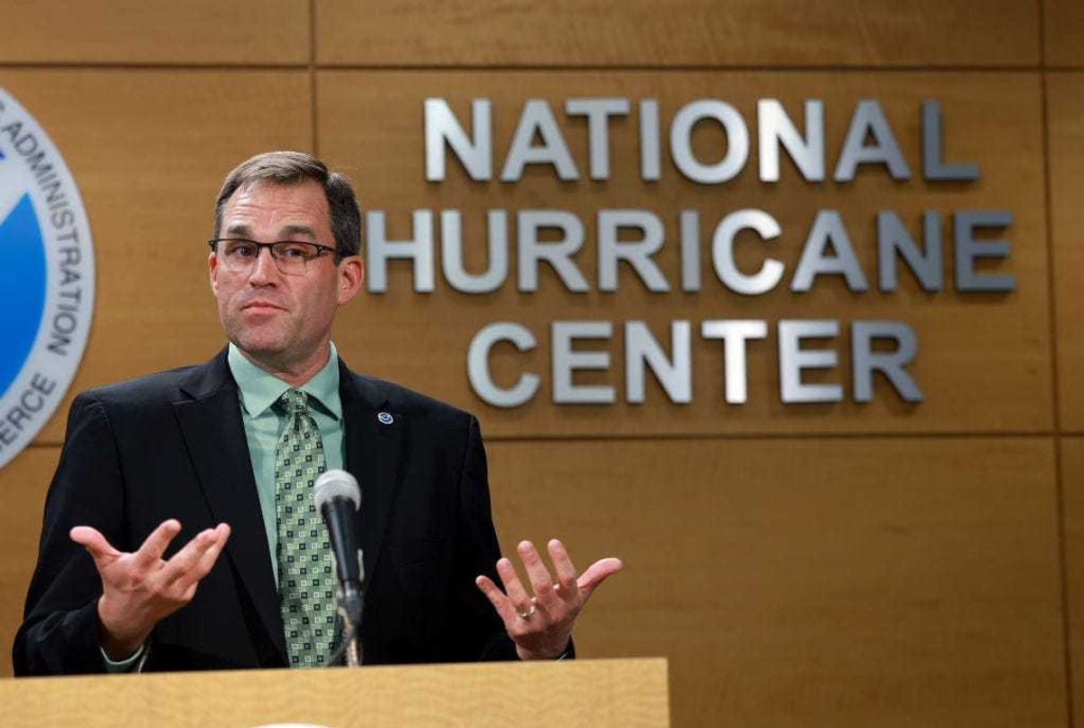 NOAA’s National Hurricane Center Director Michael Brennan addresses the media from the National Hurricane Center on May 31, 2023 in Miami, Florida. With the official start of the Atlantic hurricane season on June 1, FEMA and NOAA officials spoke to the media and encouraged people to prepare for the upcoming hurricane season. (Photo by Joe Raedle/Getty Images)