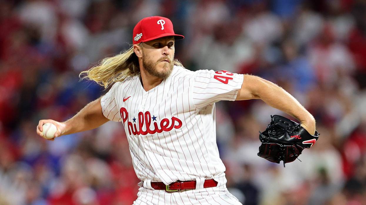 Noah Syndergaard of the Philadelphia Phillies pitches during the sixth inning against the San Diego Padres in game four of the National League Championship Series at Citizens Bank Park on October 22, 2022 in Philadelphia, Pennsylvania.