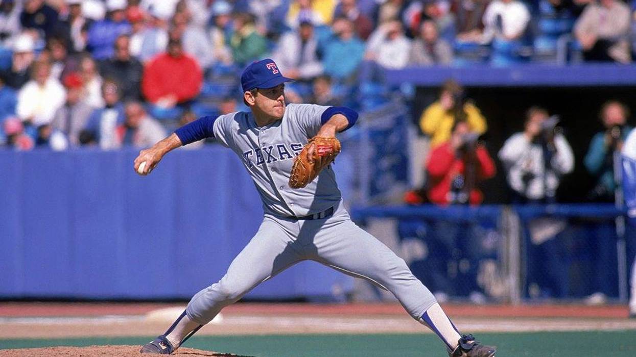 Nolan Ryan #34 of the Texas Rangers pitches during the 1989 season against the Toronto Blue Jays at Skydome in Toronto, Ontario, Canada.