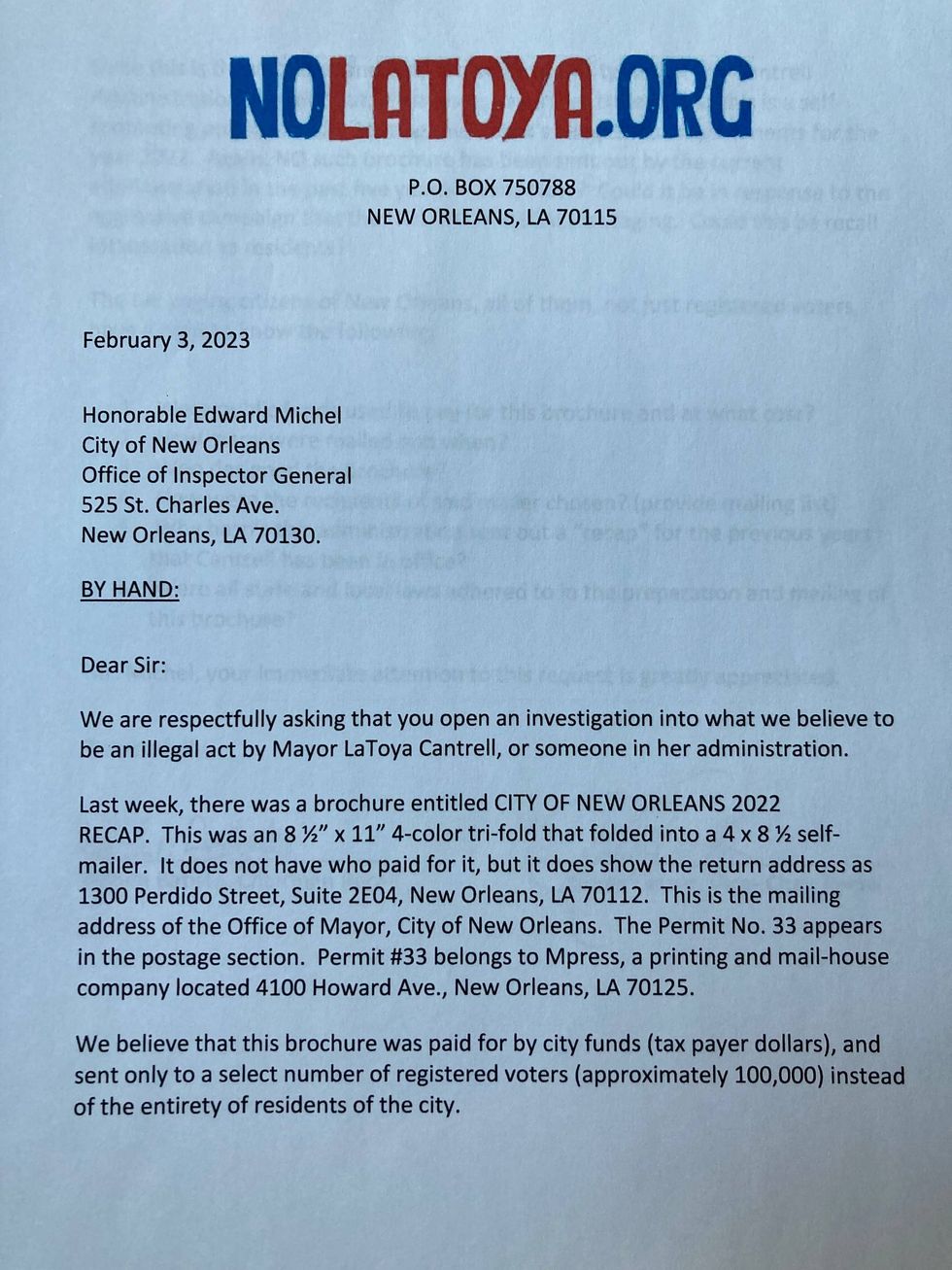 NoLatoya.org letter to New Orleans Inspector General Ed Michel