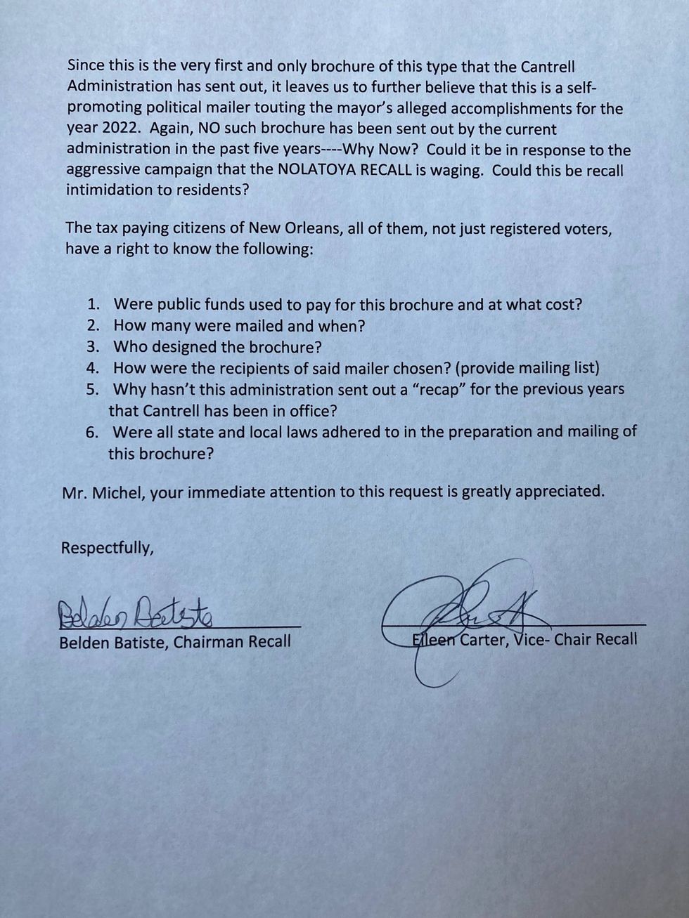 NoLatoya.org letter to New Orleans Inspector General Ed Michel