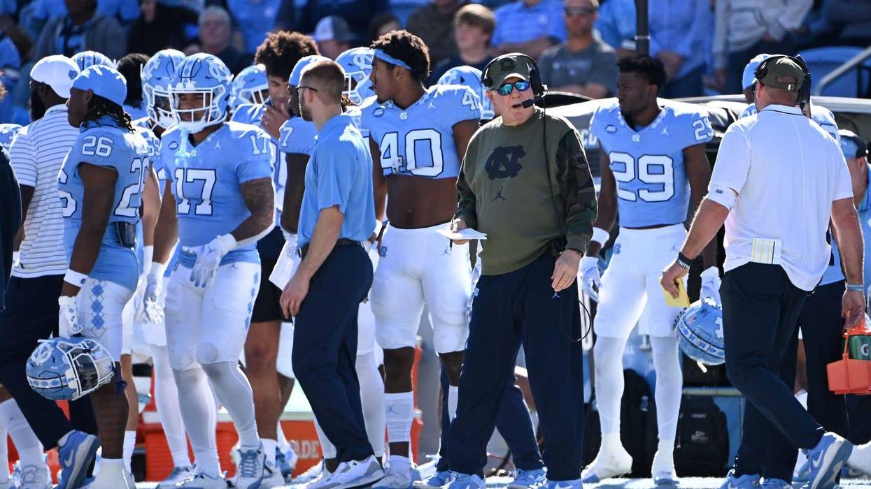 North Carolina Tar Heels head coach Mack Brown on the sidelines in the second quarter at Kenan Memorial Stadium