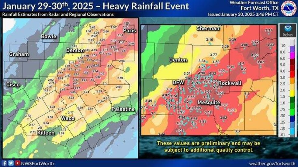 North Texas rainfall totals for Jan. 29-30, 2025.
