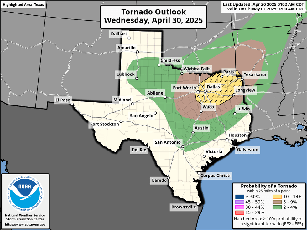 North Texas tornado outlook for Wednesday, April 30, 2025.