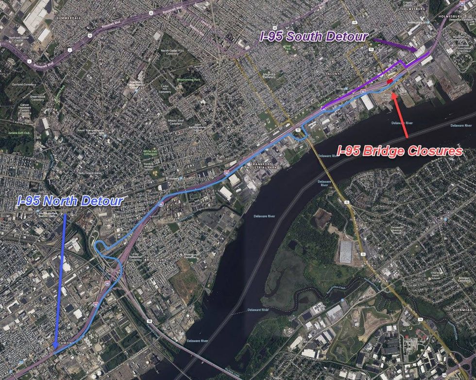 Northbound and southbound detours on I-95