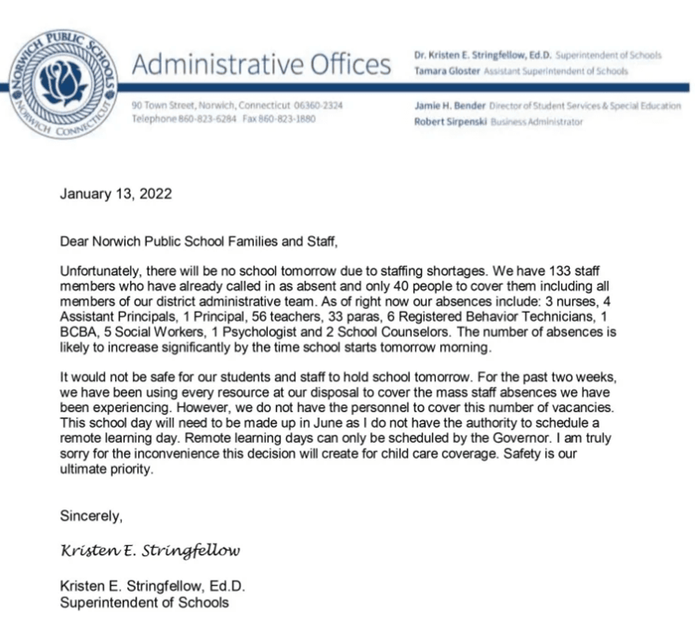 Norwich Public Schools Close January 14, 2022